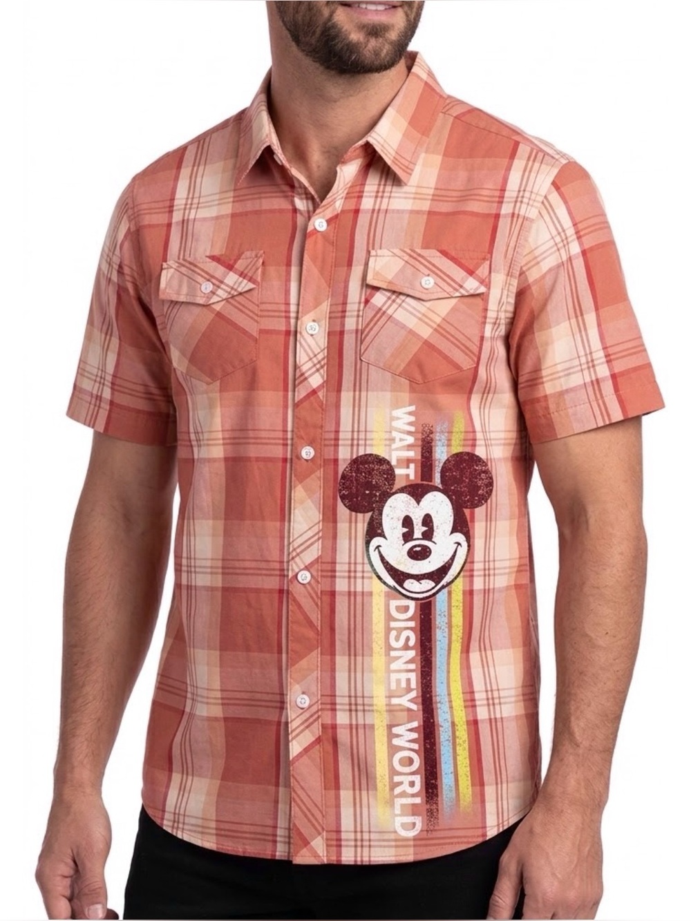 Disney Parks Plaid Button-Down Collared Mickey Mouse Shirt Men’s Size S Orange
